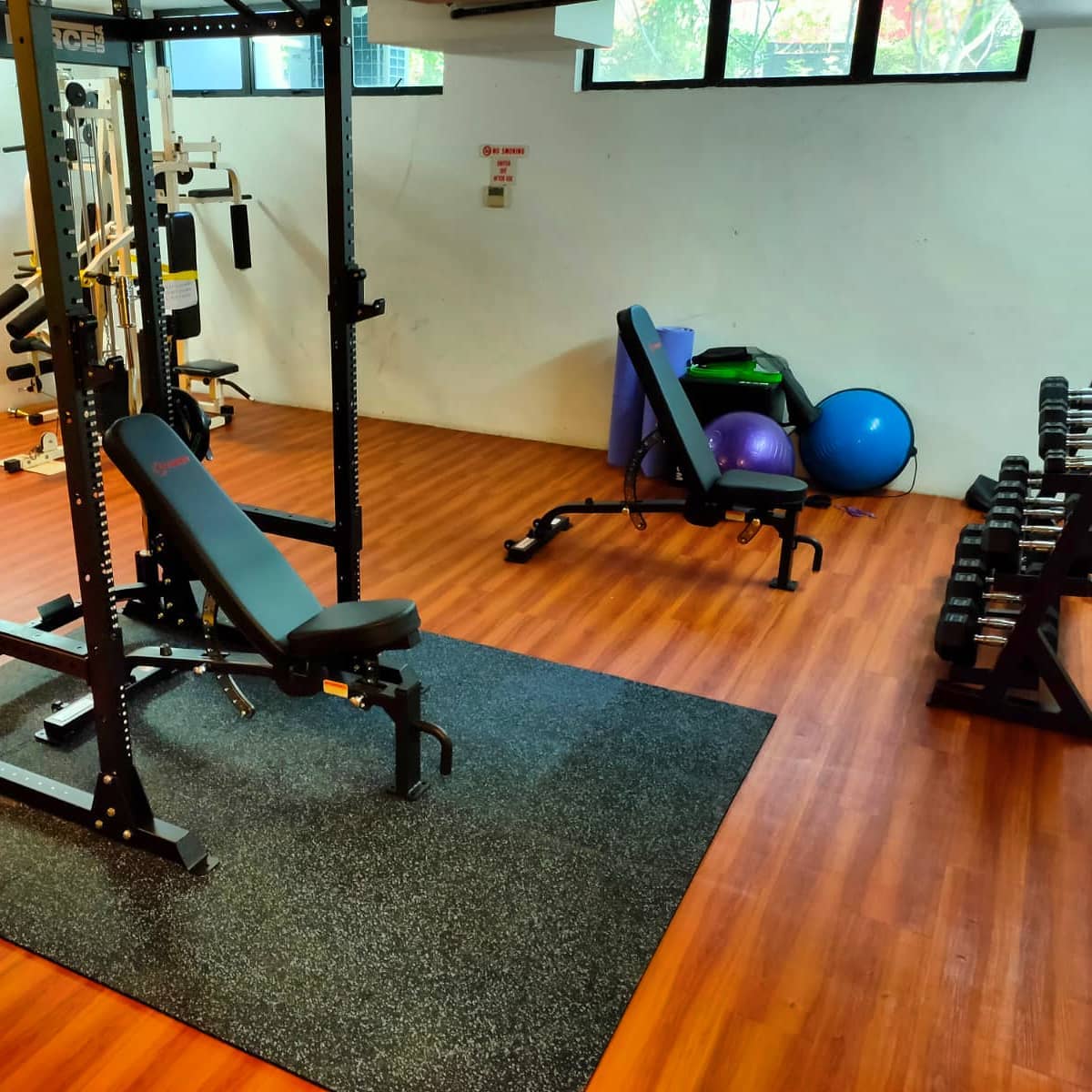 Setup consist of force usa myrack, vigor multi adjustable bench and hex dumbbell set.
