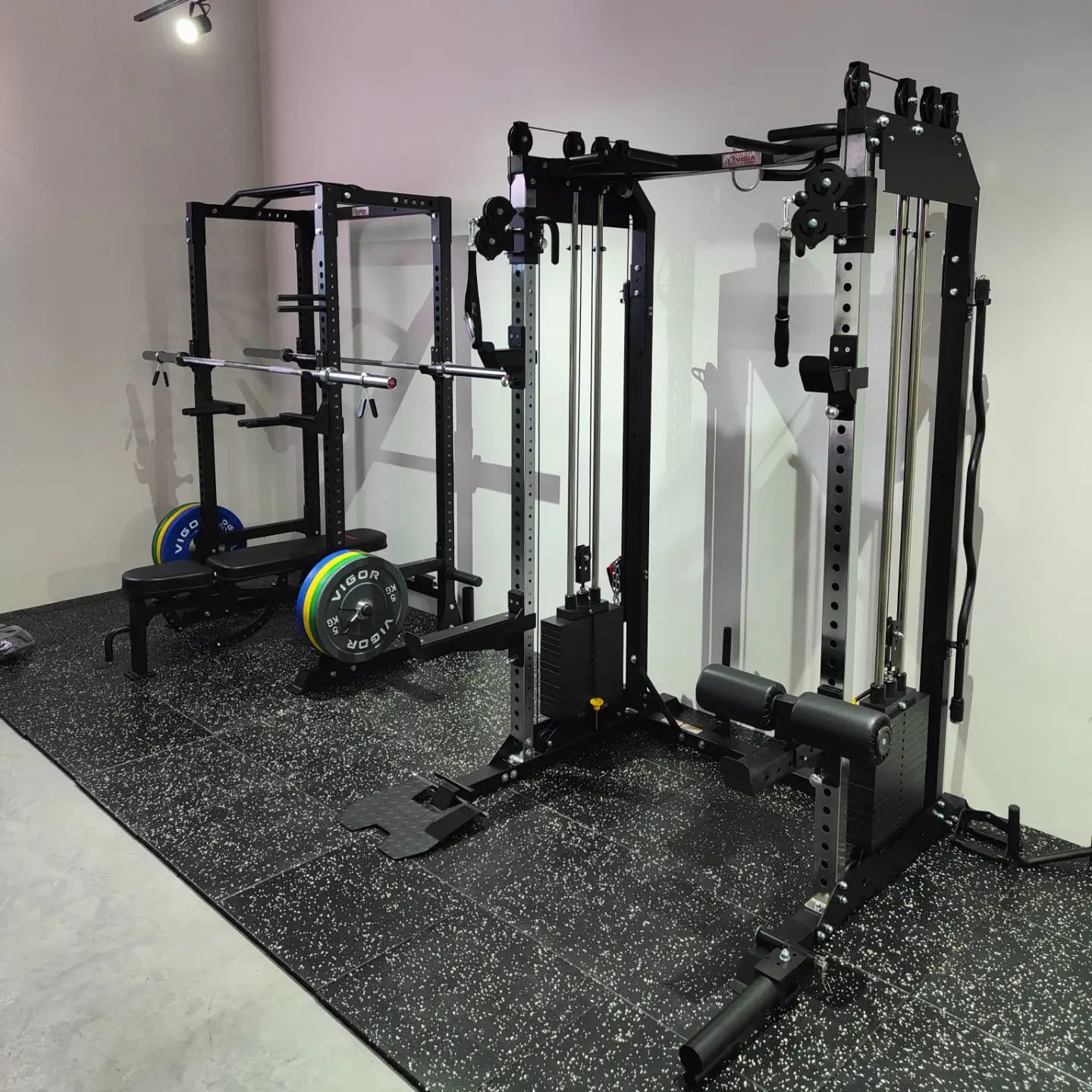 Gym setup with XT1 functional trainer half rack combo and compact power rack.  #homegymsg #sgfitness #sgfitfam #homegym #gymequipment #homegymsetup