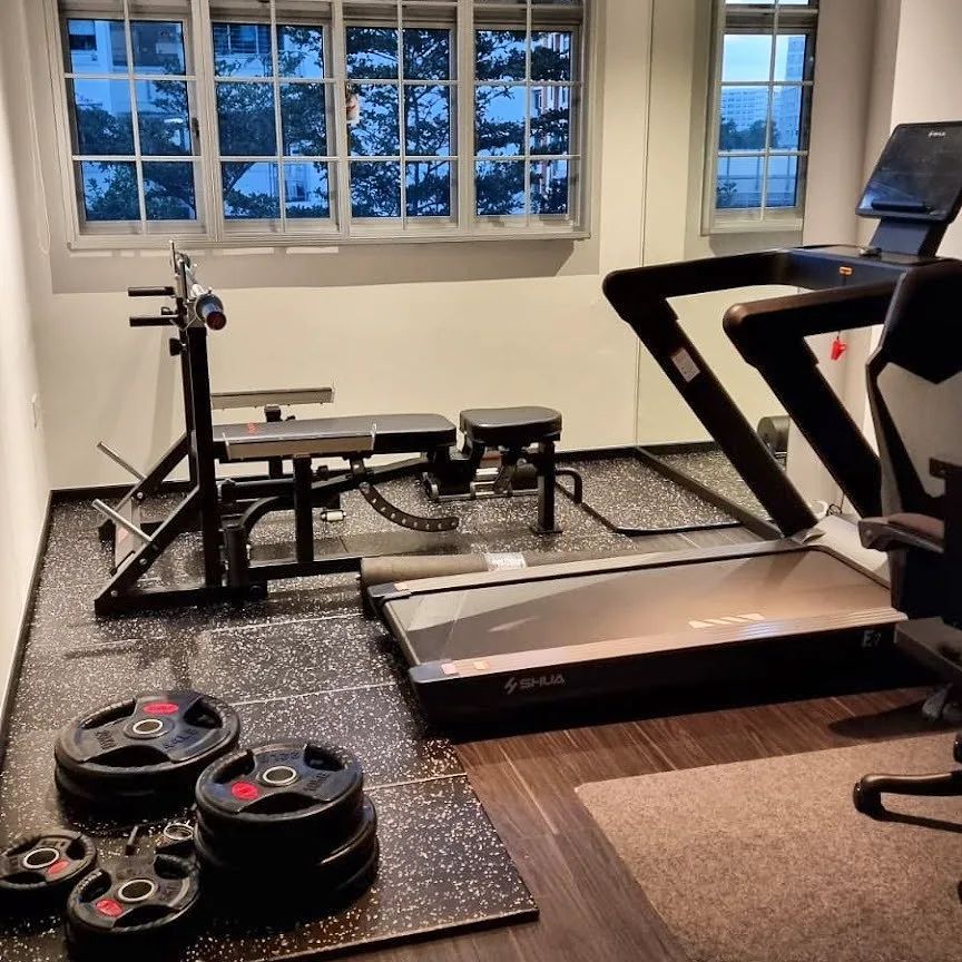 Gym setup with squat stand, bench and Shua E7 treadmill.  #homegymsg #sgfitness #sgfitfam #homegym #gymequipment #homegymsetup #shuafitness #shuafitness_sg