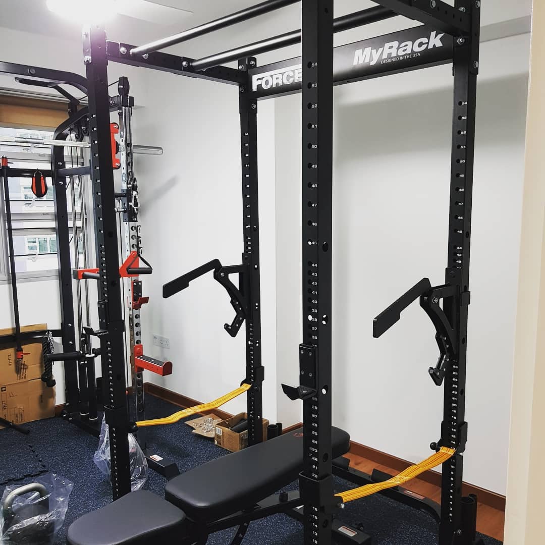 Solid home gym with force USA power rack. Westside hole spacing, sling safety and monolift attachment. at:spotme_brah