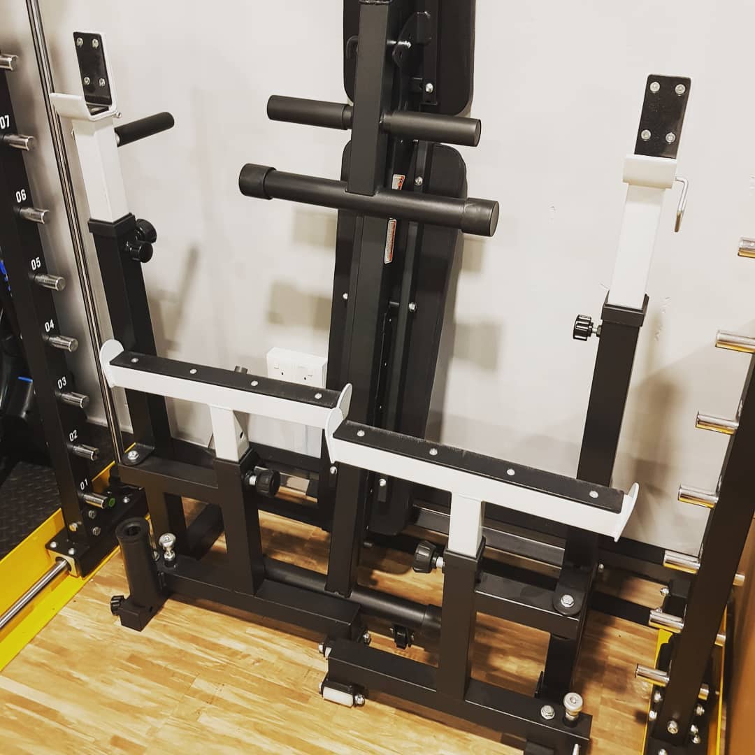 Example of how our equipment work together to provide a space saving solution. Vigor folding adjustable bench and folding adjustable squat stand.