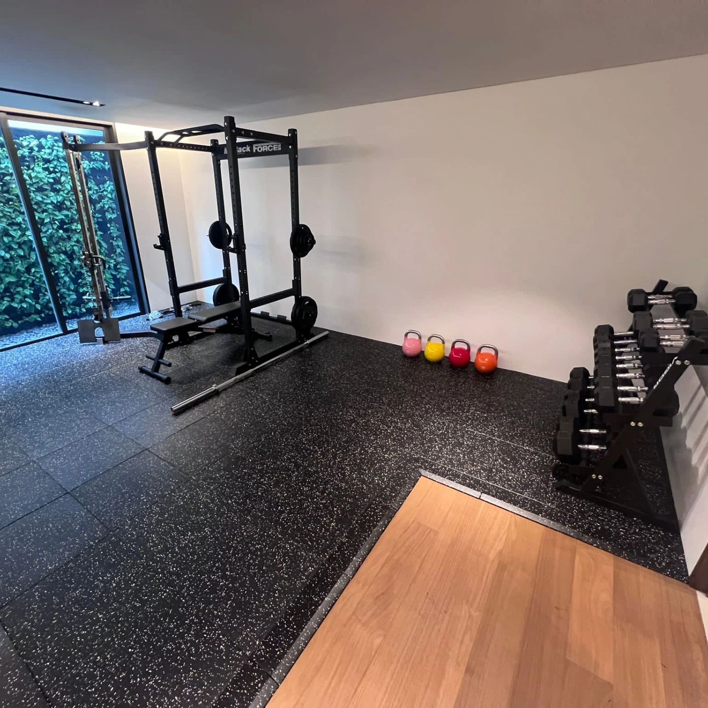Force USA myrack with cable tower on one side.  #homegymsg #sgfitness #sgfitfam #homegym #gymequipment #homegymsetup