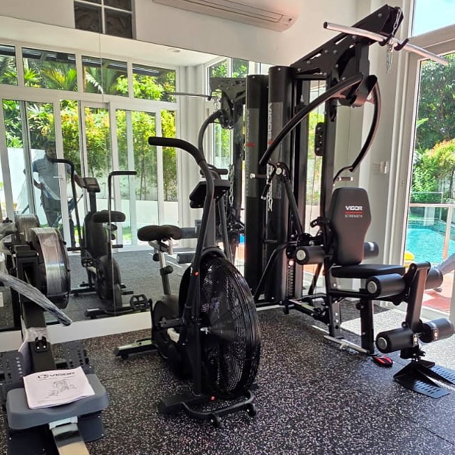 Home gym with rowing machine, airbike and multigym station.