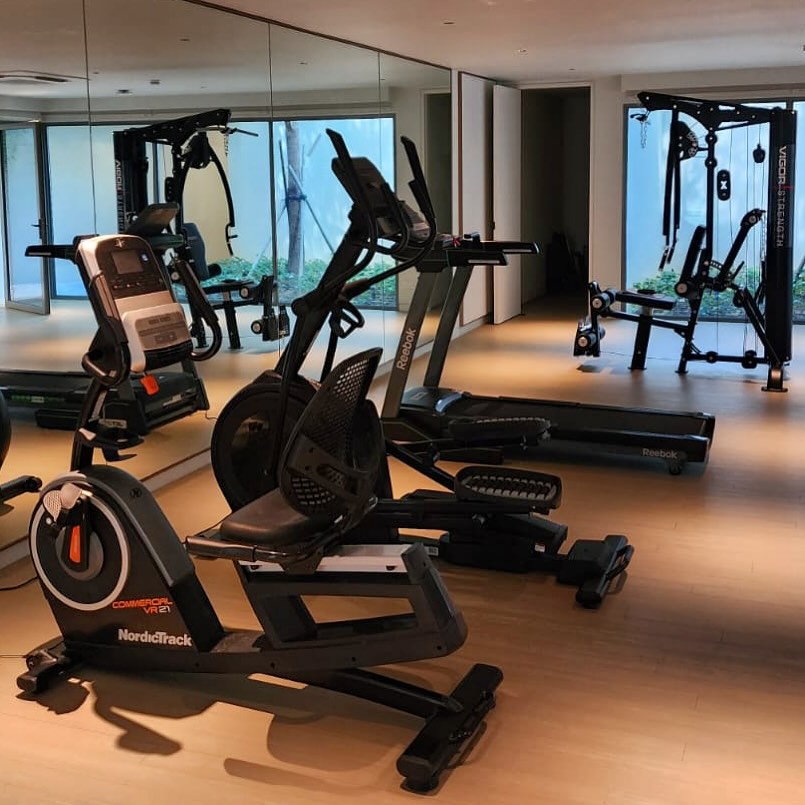Home gym setup with Nordictrack bike and elliptical, Reebok jet 200 treadmill and vigor xpress pro station.
